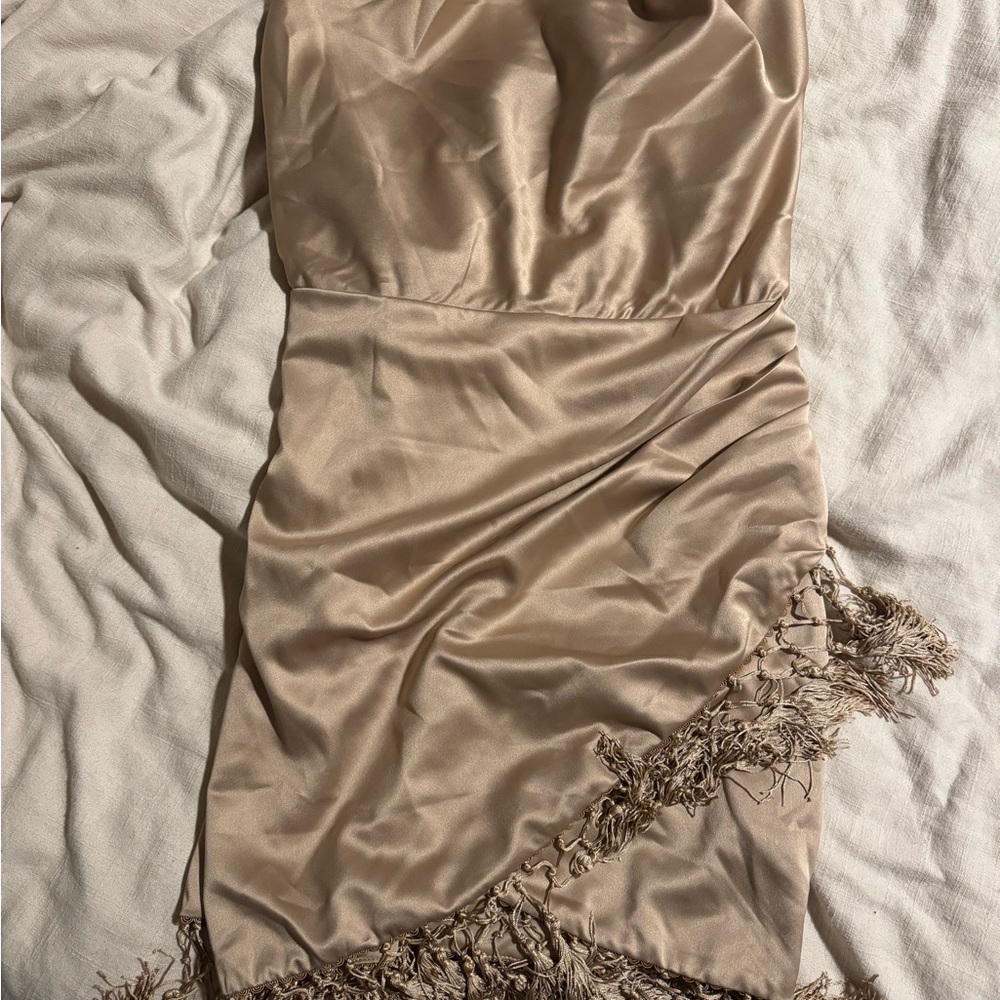 Vici Gold Satin Dress with Fringe